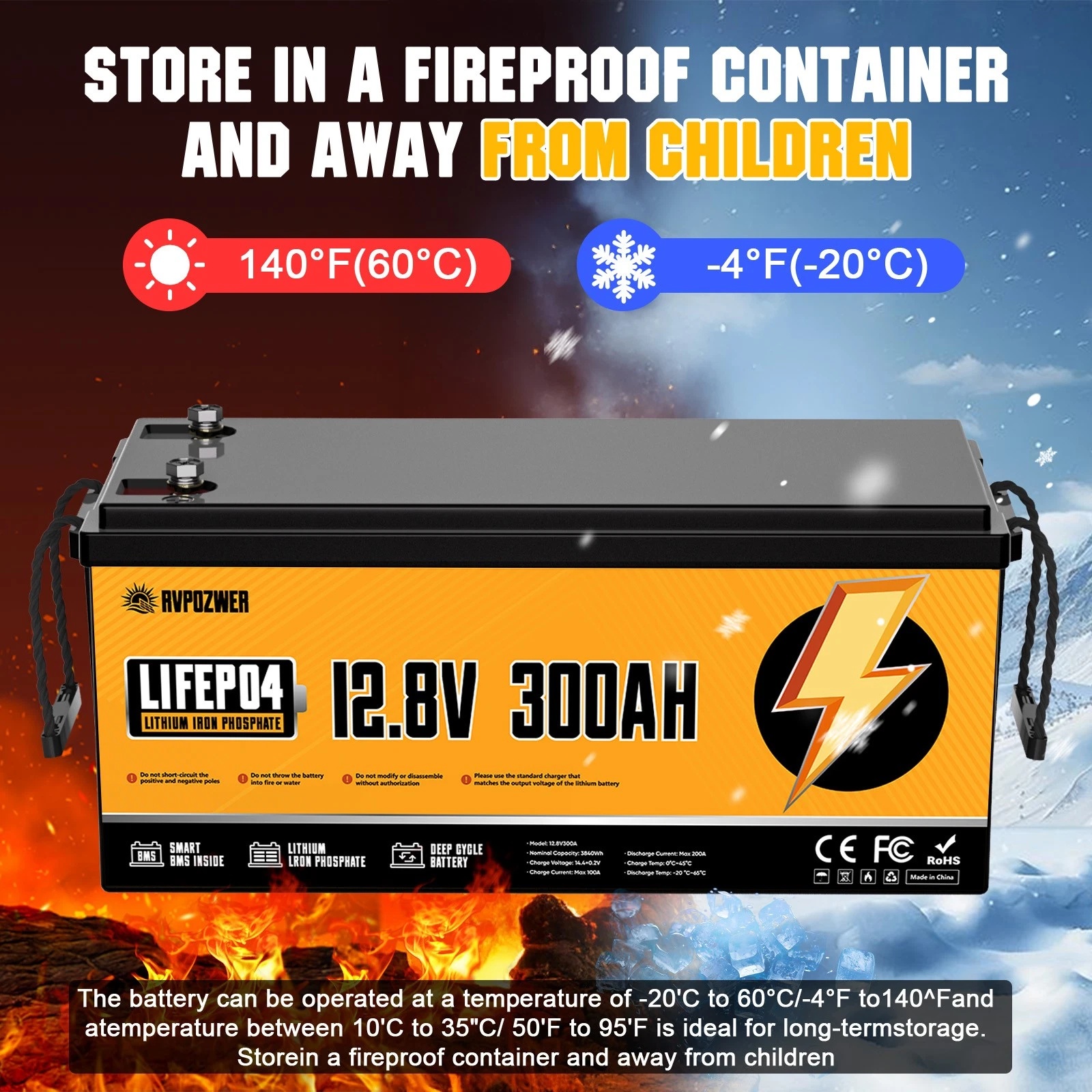 RVPOZWER 12V 300Ah Lithium LiFePO4 Battery 200A BMS for Golf Cart RV Marine Solar Panels