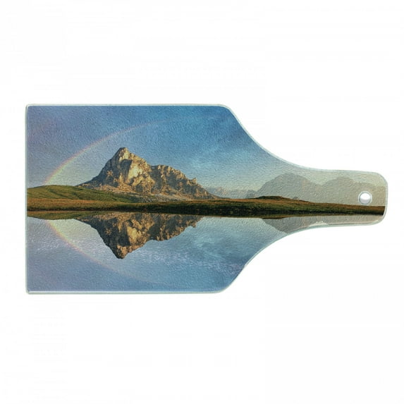 Landscape Cutting Board, Rainbow over Mountain Lake Reflection in Clear Water Dreamy Spots on Earth Photo, Tempered Glass Cutting and Serving Board, Wine Bottle Shape, Multicolor, by Ambesonne
