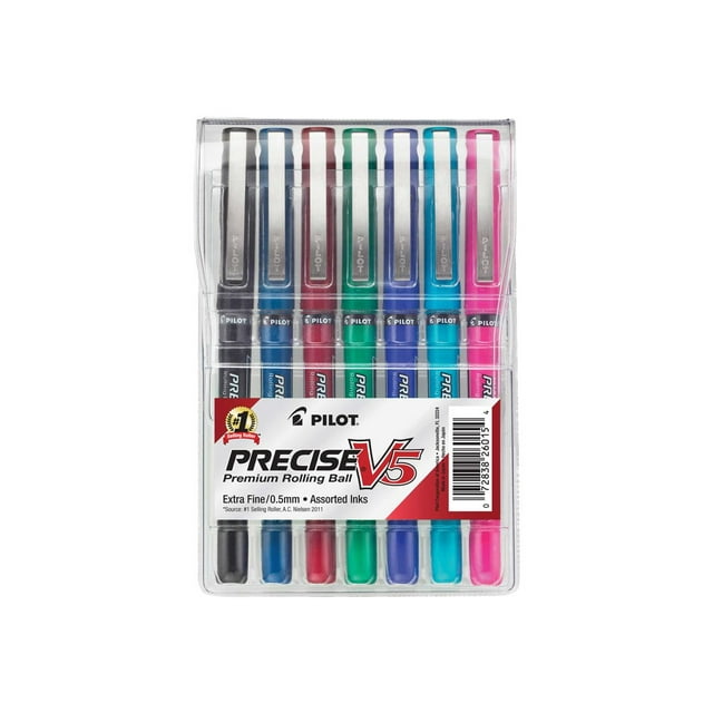 Precise V5 Roller Ball Stick Pen, Precision Point, Assorted Ink, .5mm, 7/Pack