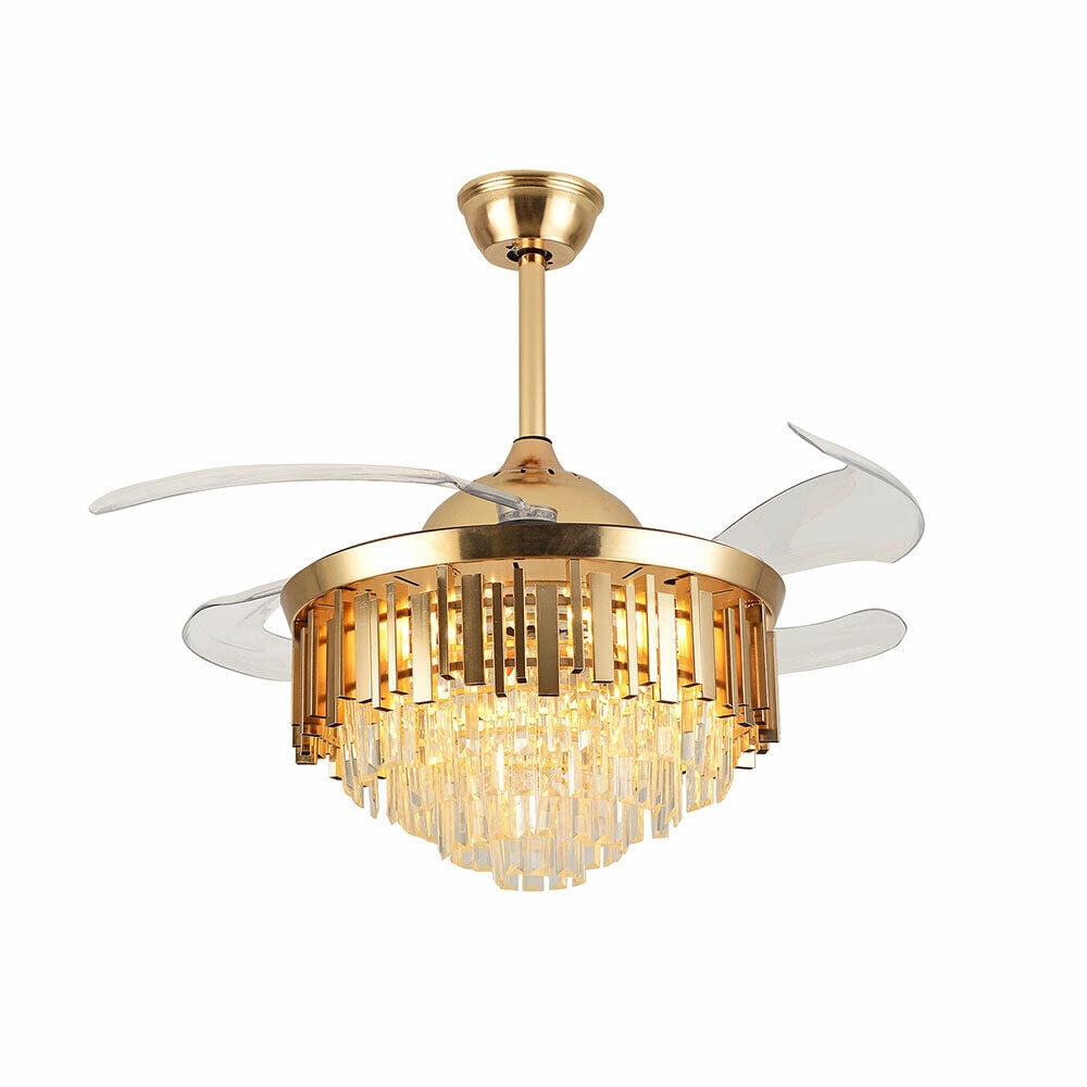 Wuzstar 42" Crystal Invisible Ceiling Fan with Light Modern Retractable Ceiling Fan Light with