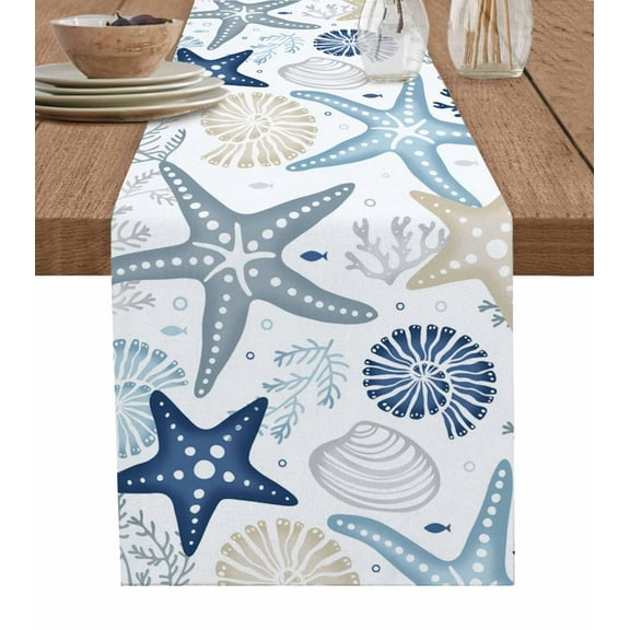 Table Runner Dresser Scarf 13 x 90 Inch Summer Ocean Blue Khaki Coral Starfish Seashells Seaweed Table Runners Non-Slip Heat Kitchen Dining Table Decor for Indoor Outdoor Home Party Decoration