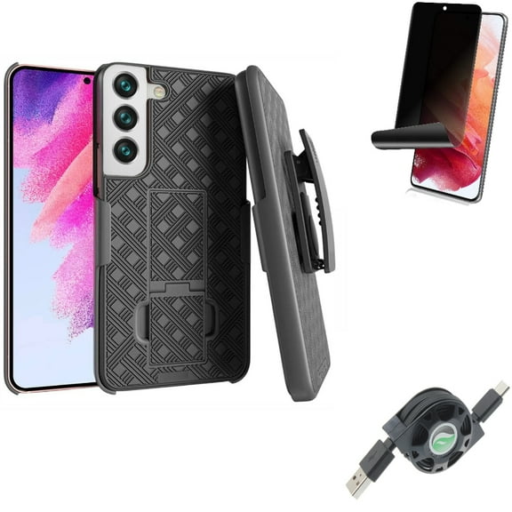Case Belt Clip & Privacy Screen Protector & USB Cable for Samsung Galaxy S22 (6.1") - Holster Swivel & TPU Film Fingerprint Works & Retractable Type-C Accessory Bundle