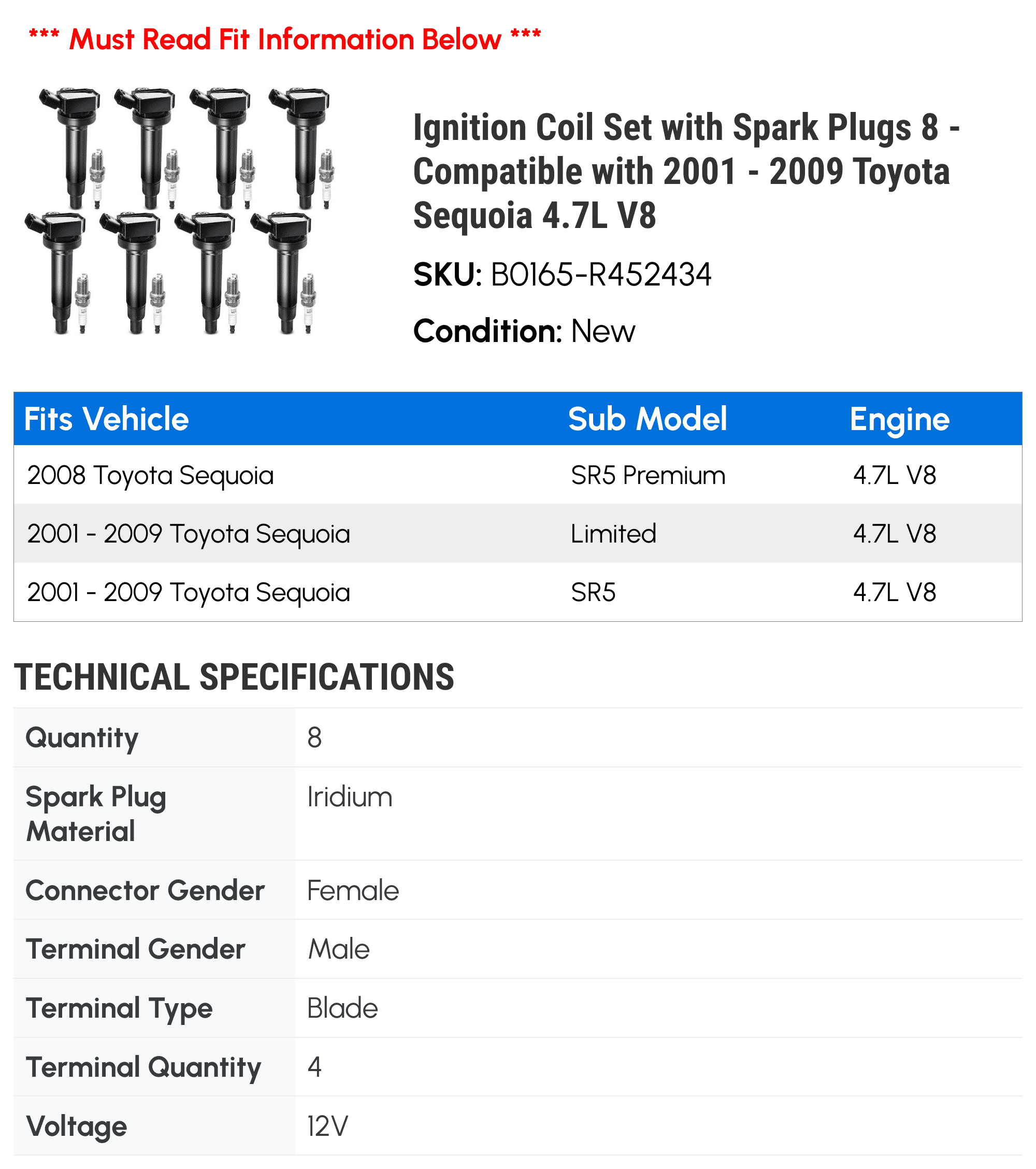 Ignition Coil Set with Spark Plugs 8 - Compatible with 2001 - 2009 Toyota Sequoia 4.7L V8 - Autopart Premium