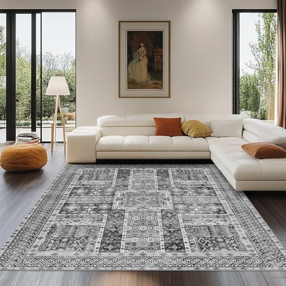 Socofuz Vintage Print Area Rug, Washable, Suitable for Bedroom, Living Room, Dining Room, 5' x 7' Gray