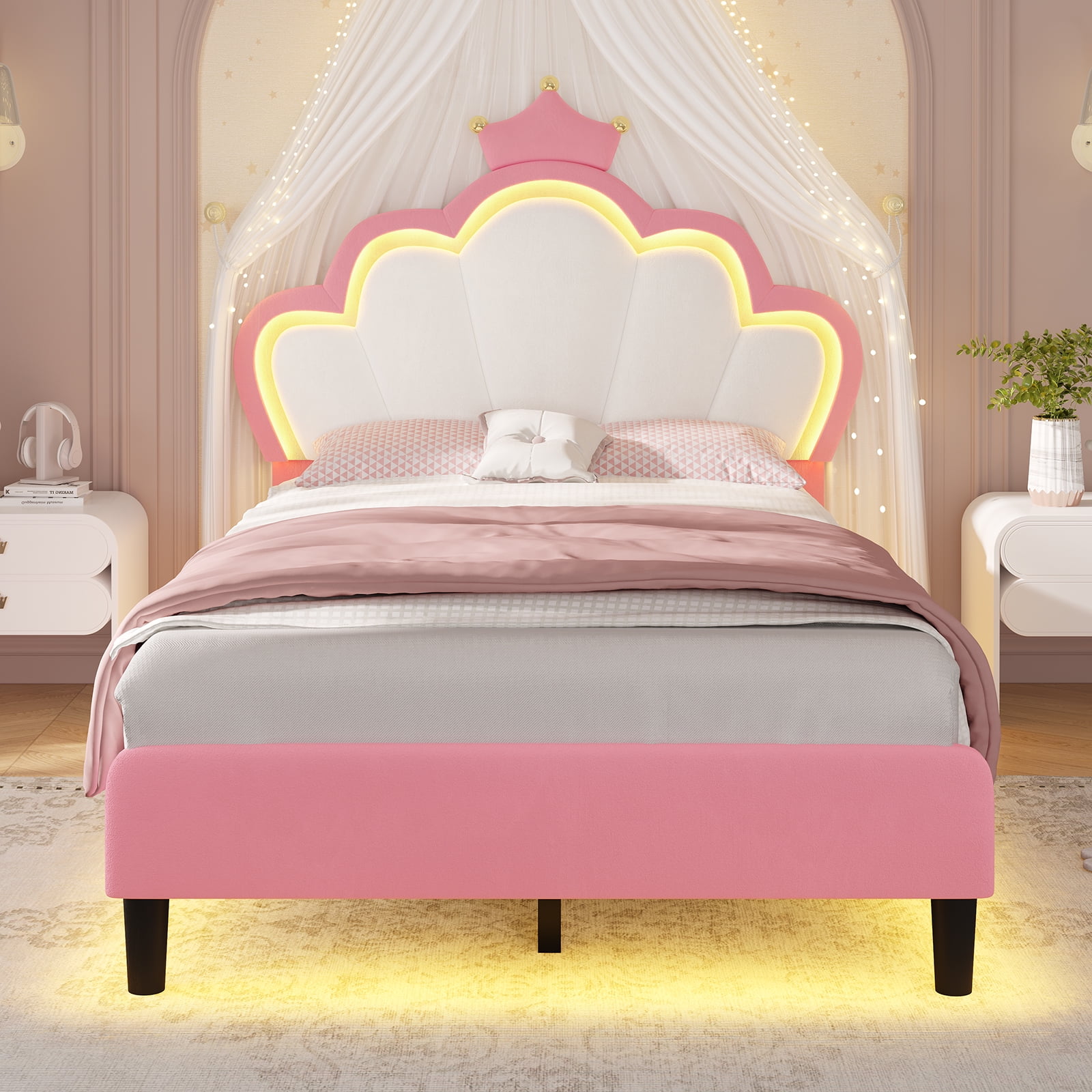 Twin Size Girl Bed Frame with LED Lights, Princess Bed with Adjustable Headboard, Twin Bed Velvet Upholstered Platform Bed with Princess Crown, Solid Wood Slats Support,Pink