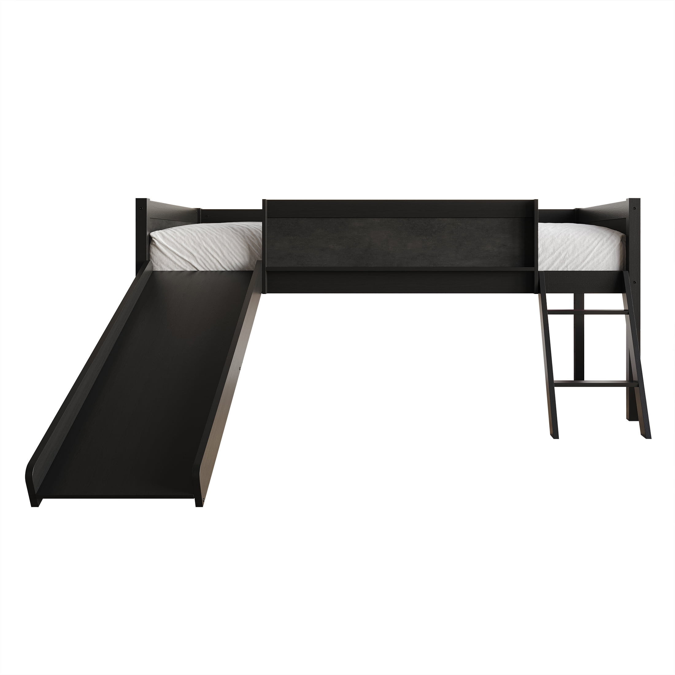 Castle Place Wooden Twin Junior Loft Bed with Chalkboard and Slide, Black