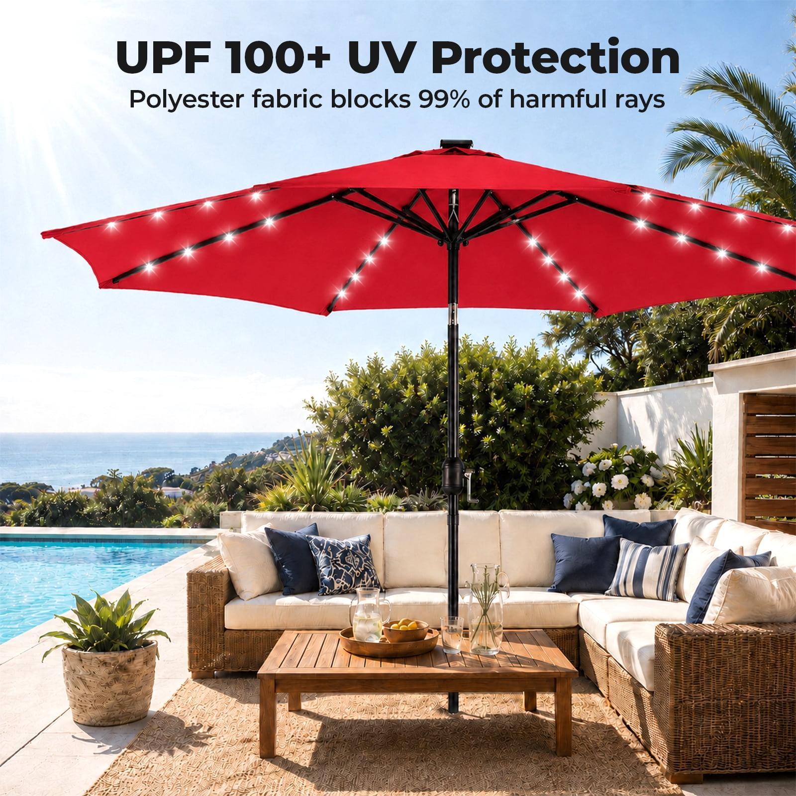 Alvantor 10ft Solar LED Lighted Patio Umbrella, Table Umbrella with 32 Lights, Push Button Tilt, UV-Resistant Canopy, for Deck, Garden, Pool, Café