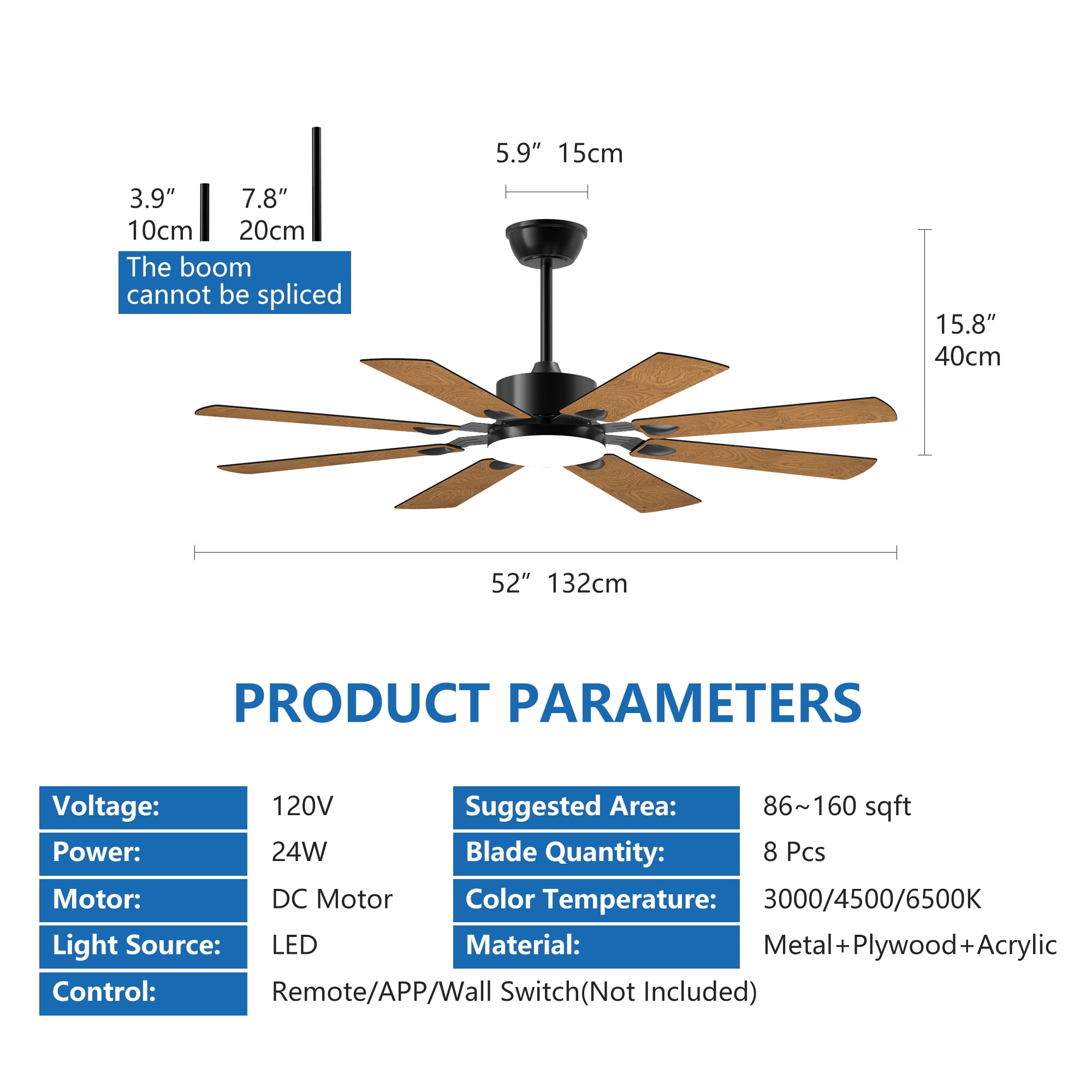 Jopath 52 Inch Windmill Ceiling Fan with Lights and Remote Control, 8 Plywood Blades, 6-Speed Noiseless, 3CCT, Ceiling fan for Kitchen Bedroom Living Room, Black
