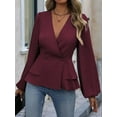 thumbnail image 3 of Women'S Elegant Solid Color Double Breasted Ruffle V-Neck Long Sleeved Shirt Wine Red L, 3 of 8