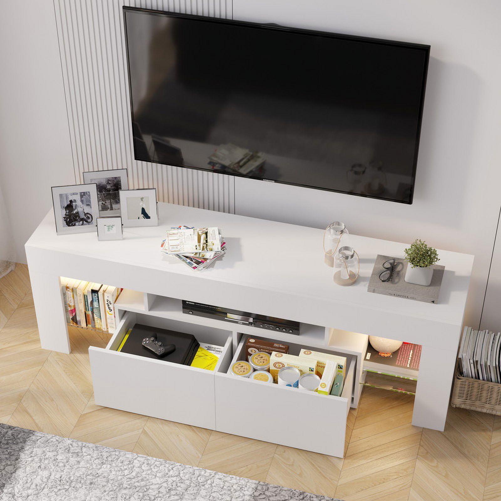 Homall 63'' TV Stand for TVs up to 70'', TV Stand with Remote LED Lights, White Modern Entertainment Center with Soft-Close Drawers & Adjustable Shelves for Living Room, White