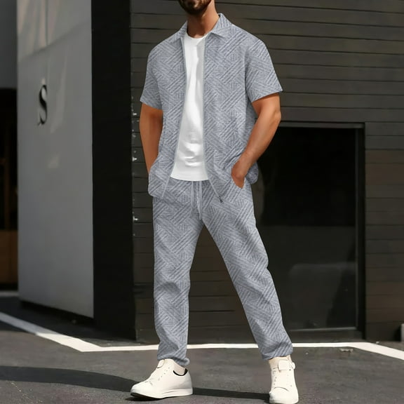 Busydd Mens Lounge Sets Trendy Solid Color Textured Two Piece Sets for Men Lapel Short Sleeve Zip Up Mens Shirts and Drawstring Pants Casual Travel Outfits for Men 2XL