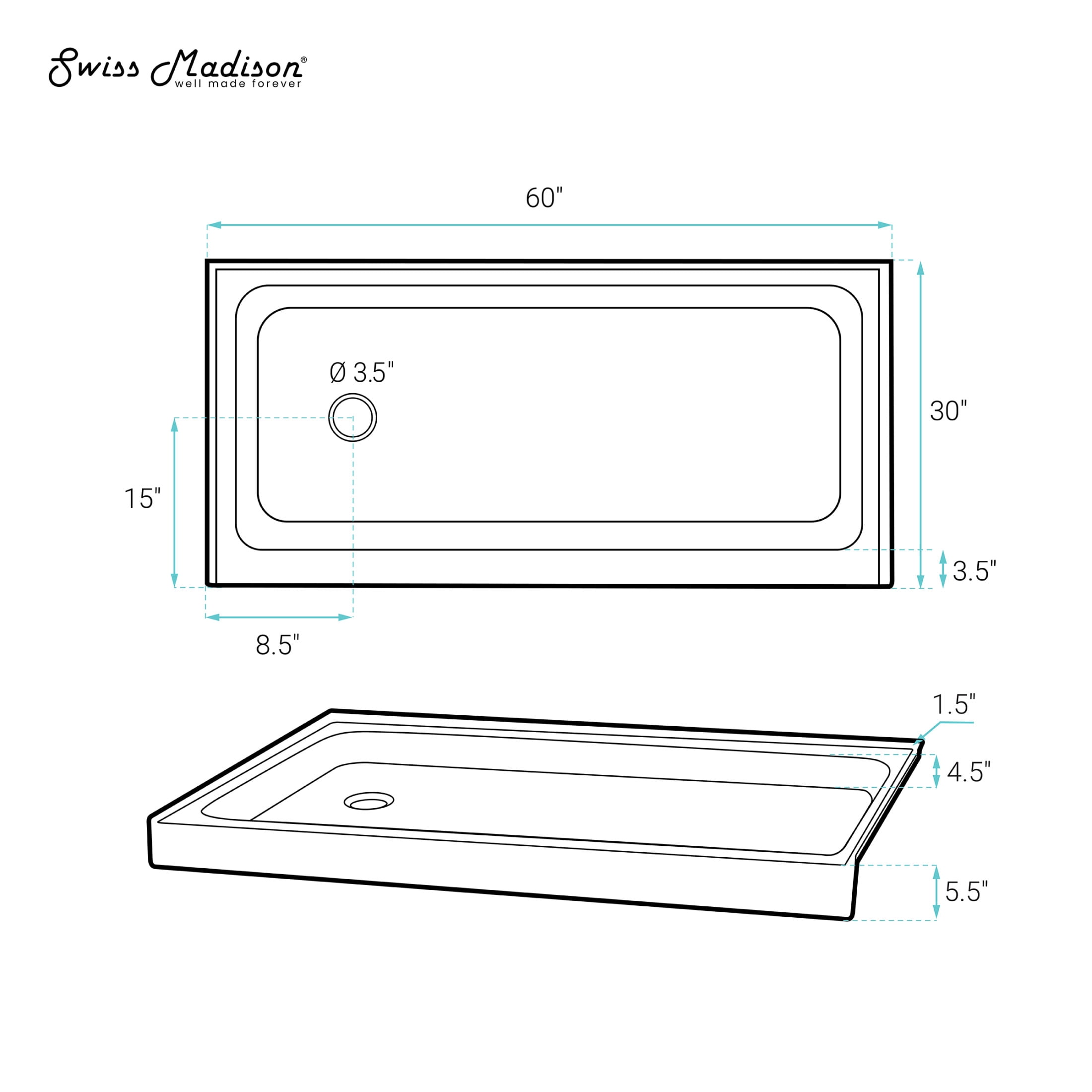 Voltaire 60 x 30 Shower Pan Base with Left Drain in Glossy White