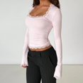 thumbnail image 2 of Yokua Women's Lace-trimmed Square Neck Flared Long Sleeve Cropped Midriff T-Shirt with Lace Trim - Slim Fit for Outings, 2 of 10