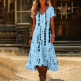 thumbnail image 3 of Women's Retro Floral Print V Neck Short Sleeve Midi Dress Loose Fit Flowy Beach Dress Comfy Summer Dress for Vacation and Casual Wear, Size S-2XL, 3 of 5