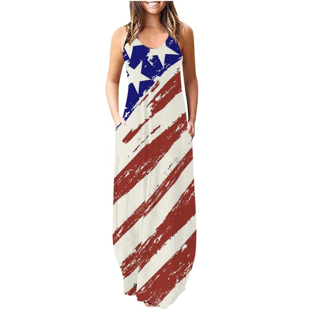 SMihono Robe Maxi Bohème d'Été pour Femmes Grande Taille Décontractée Jour de l'Indépendance Col Rond Poches Sans Manches Longue Robe de Plage