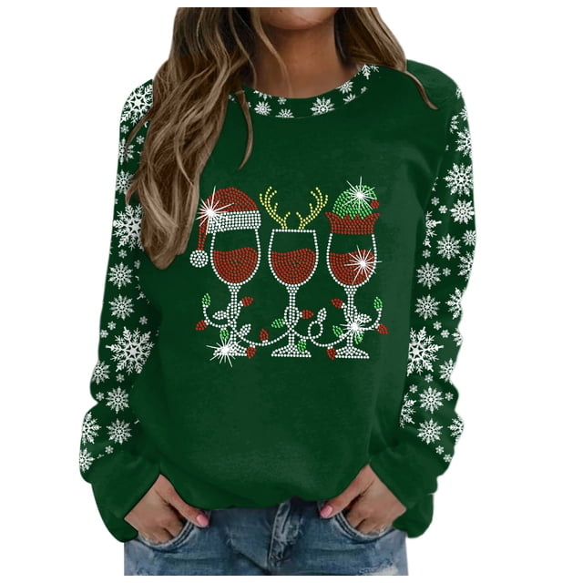Wyzesi Chandails Roses Chandails en Molleton Grande Taille Mode Chandail à Enfiler Hauts pour Femmes Joyeux Noël Imprimé Col Chandail en Molleton Col Rond Coupe Chandail à Enfiler Hauts Décontractés Manches Longues Chandails d'Entraînement Blouse Ample