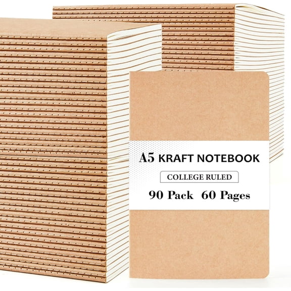 feela 90 Pack Kraft Notebooks Bulk, Lined Travel Journals Note Pad Notebooks for Men Women , Making Plans Writing Memos Office School Supplies, A5, 60 Pages, 8.3” X 5.5”