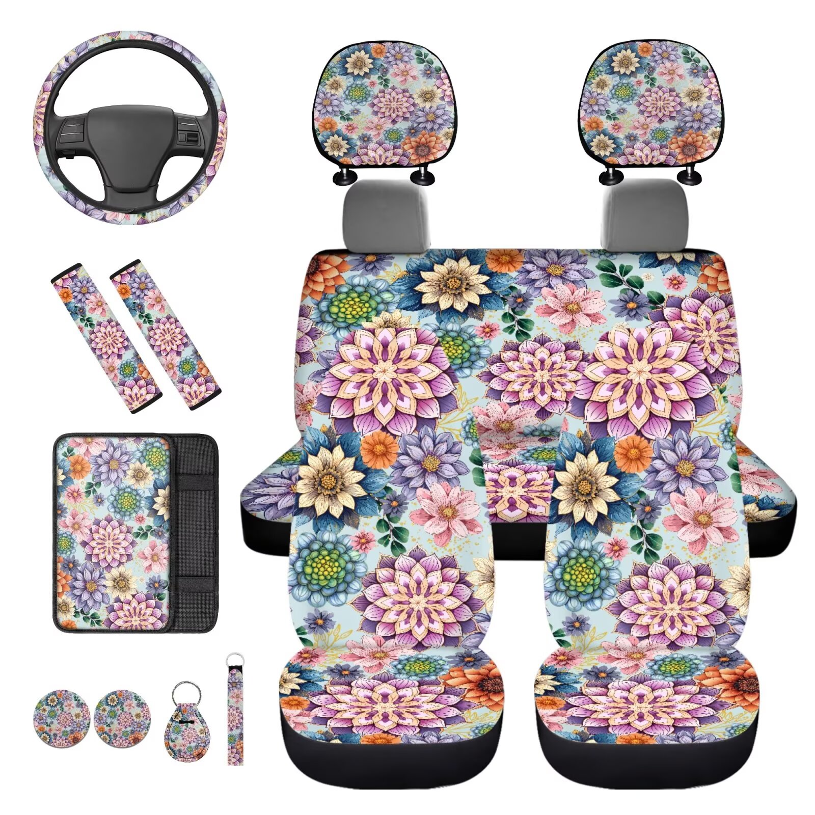 Binienty Bohemian Mandala Car Seat Covers Full Set 14 PCS Front Rear Automotive Seat Covers with Steering Wheel Cover Headrest Protectors Armrest Pad Universal Fit Auto Interior Set​