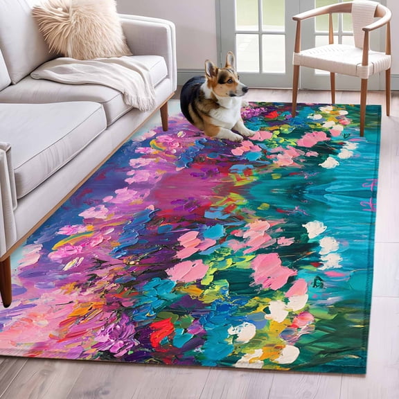 3'x5' Area Rugs, Spring Floral Indoor Outdoor Area Rug for Living Room Bedroom, Oil Painting Abstract Art Botanical Washable Bathroom Rugs Kitchen Floor Carpet Mats Home Decor Aesthetic