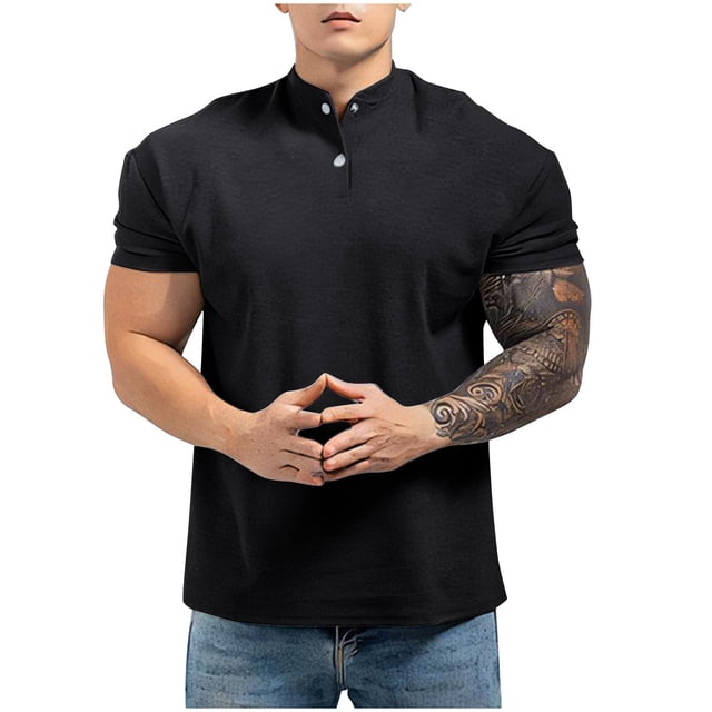 Blusa y camisa de manga corta con cuello alto para hombre, camiseta de color liso con cuello alto, camisa deportiva e informal de manga corta para hombre.