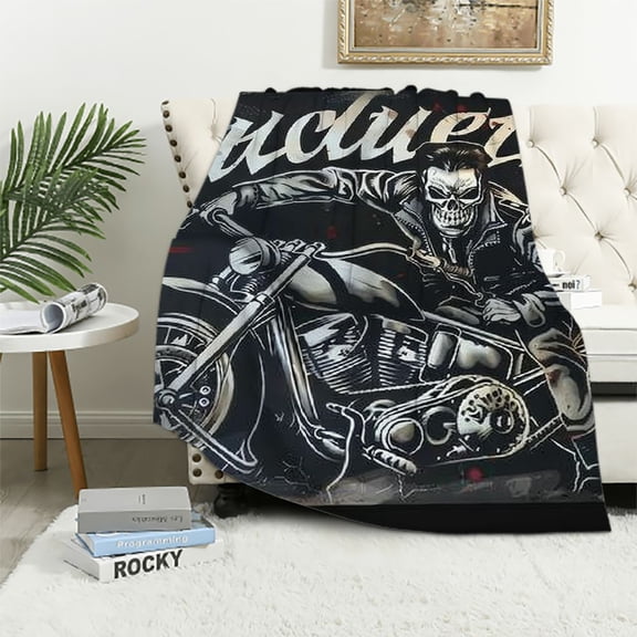 Sheronv Skull Motorcycle Rockabilly Warm Lightweight Blanket Soft Fleece Throw Blanket for Living Rooms Sofa Decor All Seasons Flannel Material Blanket 40x50in