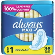 Always Maxi Daytime Pads with Wings, Size 1, Regular, Unscented, 36 Ct
