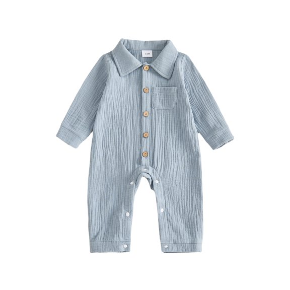 Cjfdfy Newborn Baby Boy Girl Fall Outfit Jumpsuit Collared Long Sleeve Button-down Pocket Solid Fall Romper Infant Crinkled Jumpsuit Soft Coming Home Fall Winter Outfit