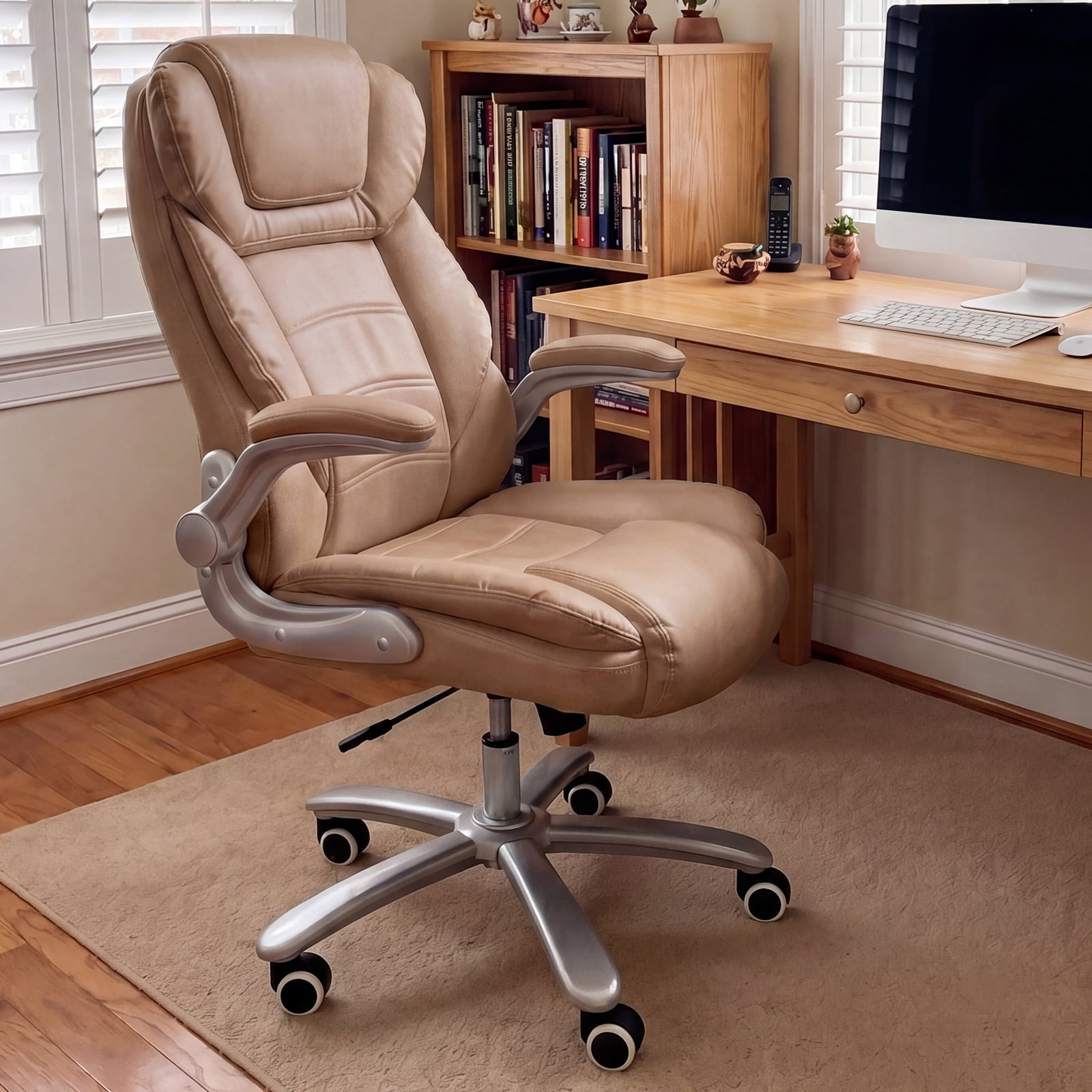 iooHug Big and Tall Office Chair 400lbs, Ergonomic Desk Chair with Lumbar Support, Flip-Up Arms, Faux Leather High Back Computer Chair for Home Office, Brown