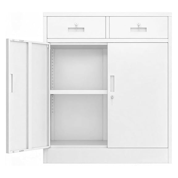 Metal Storage Cabinet, Garage Storage Cabinet with 2 Drawers and Adjustable Shelf, Locking Short Storage Cabinet for Office Garage Home, White Metal Cabinets(36" H x 31.5" W x 16" D)