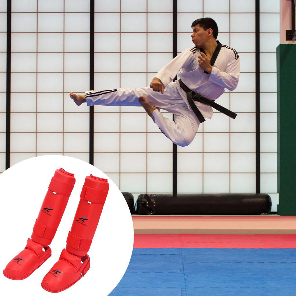 Shin Instep Kick Boxing MMA Protector Guards Leg Foot Karate Muay Thai Red PAIR 