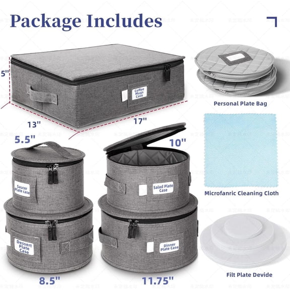 LUXULA China Storage Containers for 12 Place Setting with Two Plate Bags, 5 Pcs Hard Shell Quilted China Storage Cases