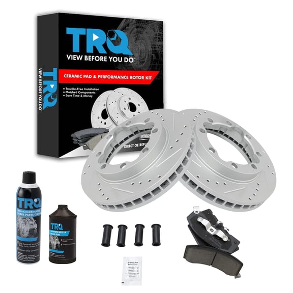 TRQ Performance Drilled Slotted Brake Rotor & Ceramic Pad Front Kit w/Chemicals BKA16183 Fits select: 1994-1999 DODGE RAM 2500, 1994-1999 DODGE RAM 3500