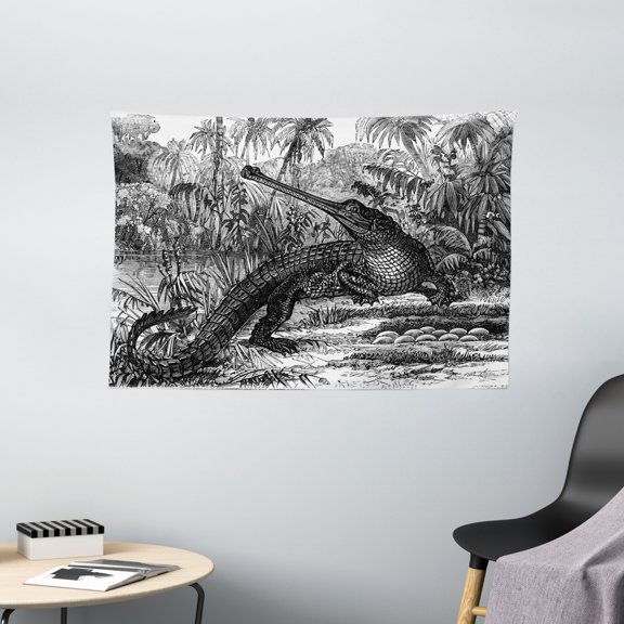 Vintage Tapestry, Old Fashion Sketch of A Crocodile in Forest Wildlife Nature Woods Fossil Picture, Wall Hanging for Bedroom Living Room Dorm Decor, 60W X 40L Inches, Charcoal Grey, by Ambesonne