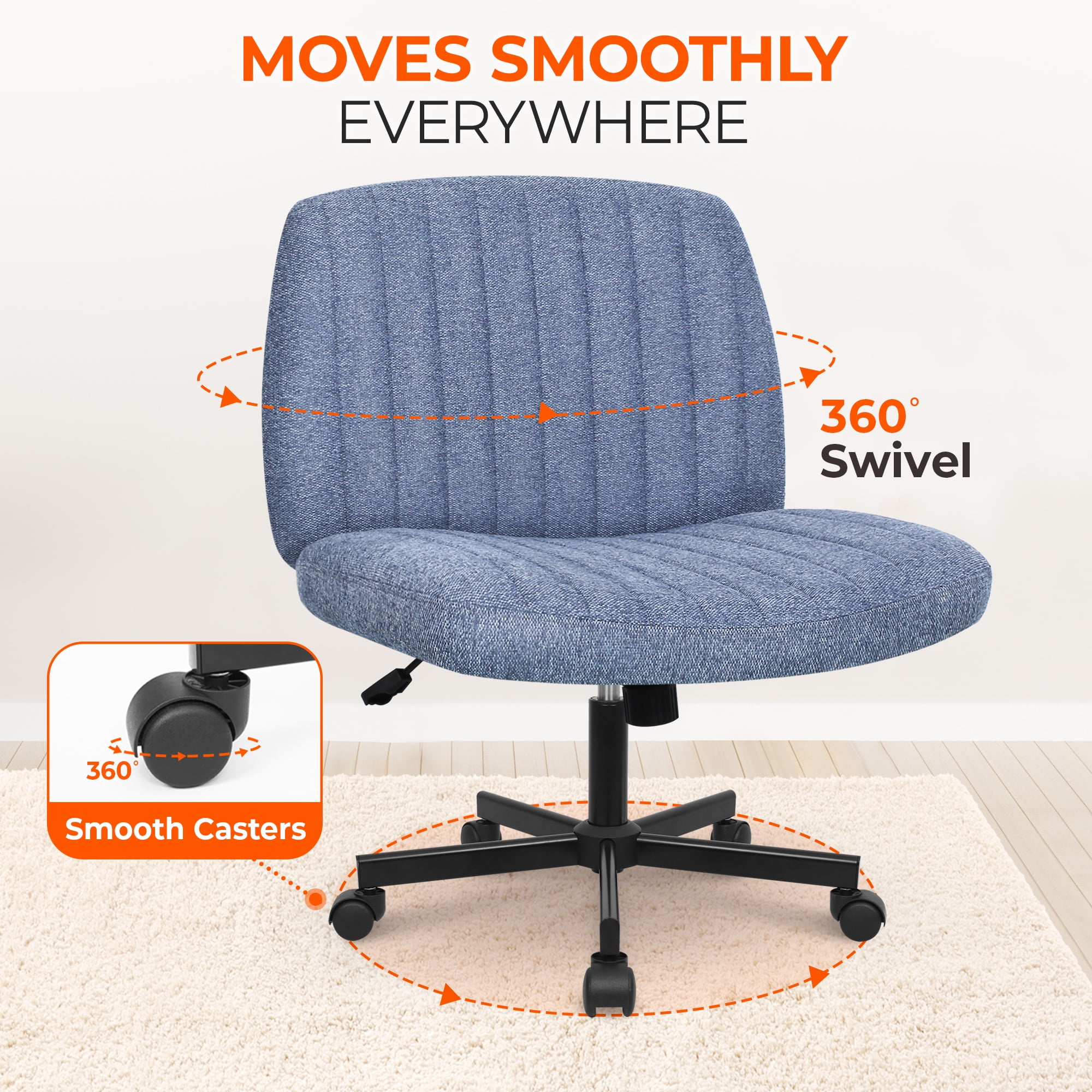 Orange Factory Criss Cross Chair Wheels Wide Cross Legged Office Desk Vanity Chair Comfy Fabric Armless Adjustable Swivel for Home Computer Task (Blue Wheel, Fabric)