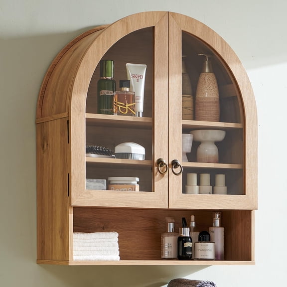 Bathroom Arched Wall Cabinet, 23.6'' Wide Medicine Cabinet with Adjustable Shelves & Glass Doors, Over The Toilet Storage Wall Mount Cabinet for Laundry Room, Kitchen & Living Room, Natural Oak