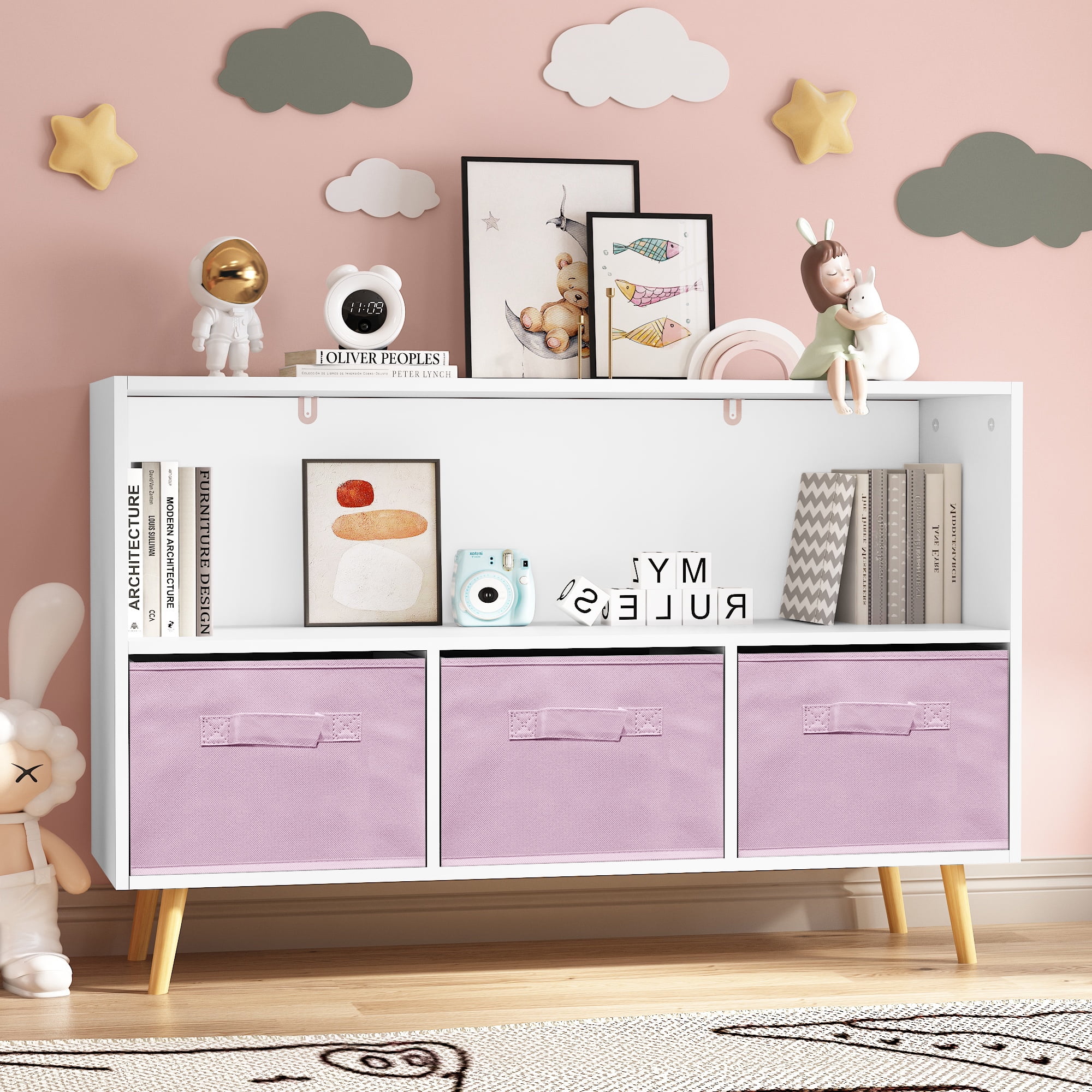 Kids Bookcase with Collapsible Fabric Drawers,Toy Storage Cubby,Children's Book Display,Toy Storage Cabinet Organizer,White/Pink