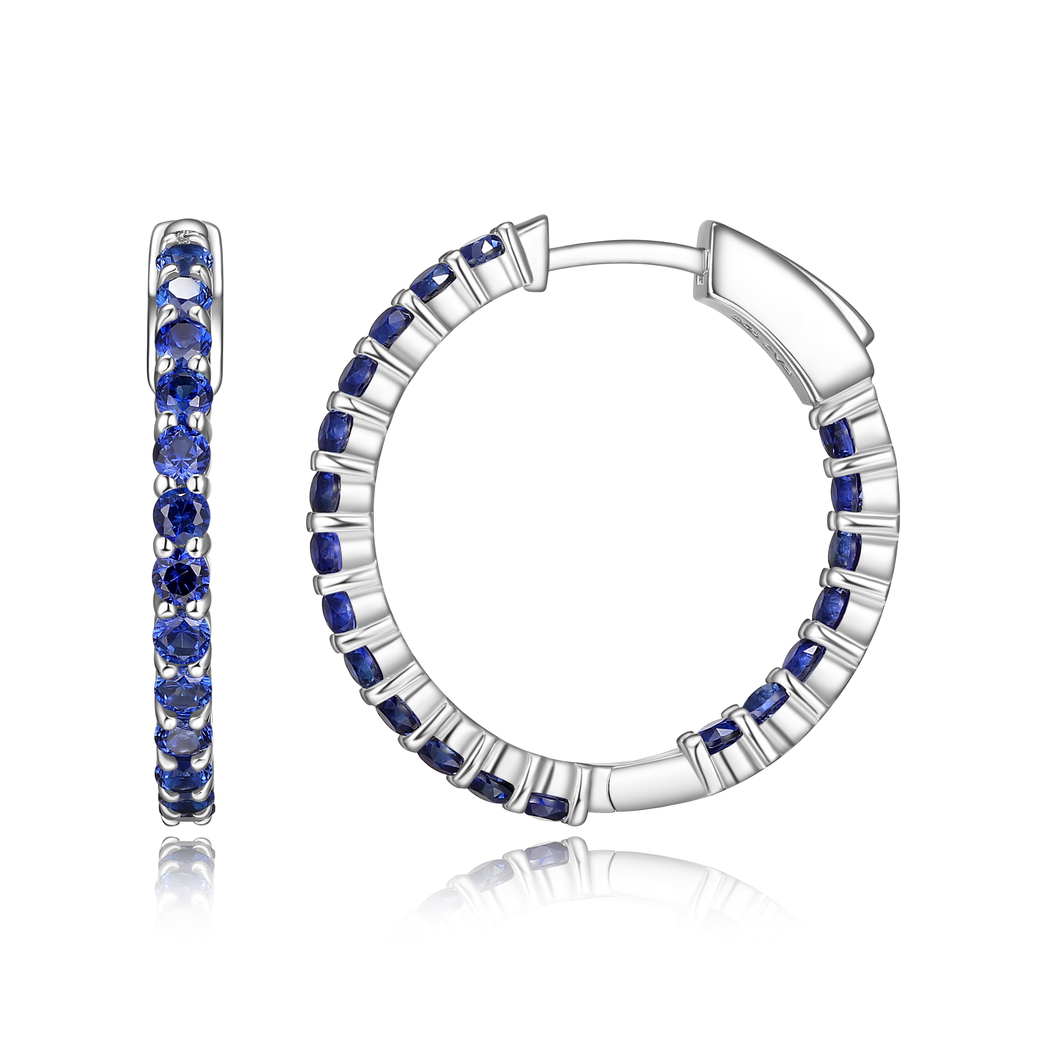 Forever Facets Created Sapphire Hoop Earrings in Sterling Silver, Adult Female