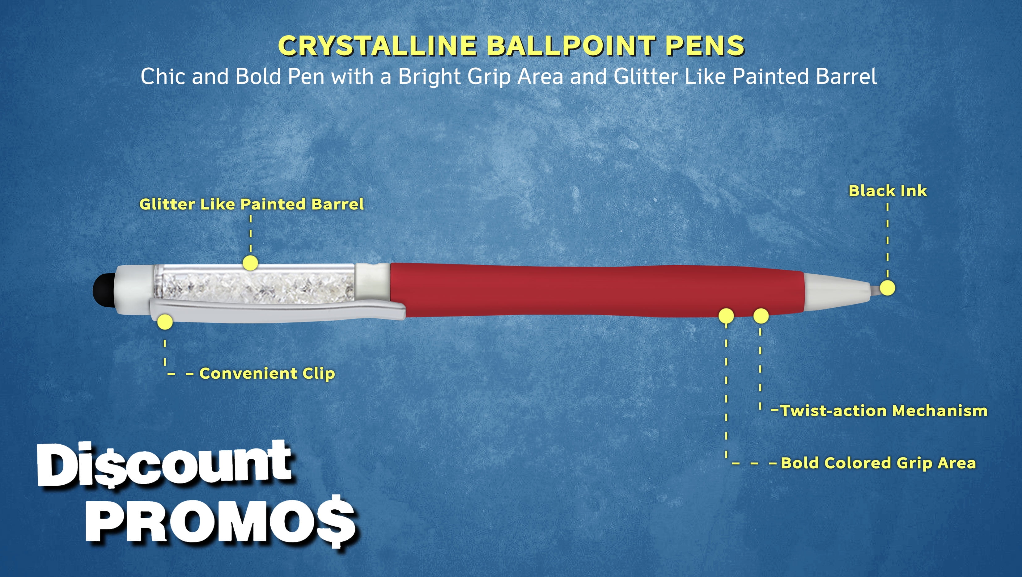 10 Crystalline Ballpoint Pens Pack - Twist mechanism, Black Ink - Red