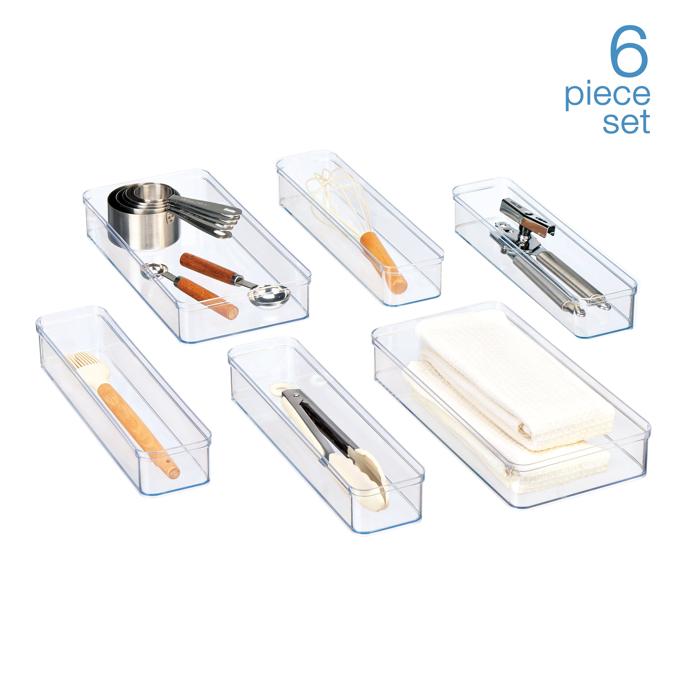 Mainstays 6-Piece Clear Plastic Drawer Storage Organizer Set, Kitchen, Desk and Bathroom Drawer Organizer Bins for Home Organization
