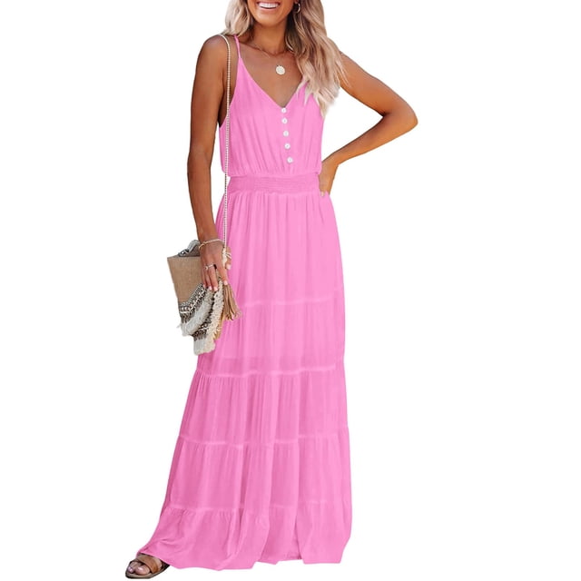 Vestido Maxi de Verano PRETTYGARDEN con Tirantes Finos Rosa Rosado Talla S