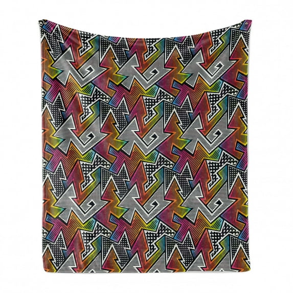 Retro Soft Flannel Fleece Blanket, Colorful Pop Art Inspired Illustration of Whimsical Striped and Polka Dotted Shapes, Cozy Plush for Indoor and Outdoor Use, 60" x 80", Multicolor, by Ambesonne