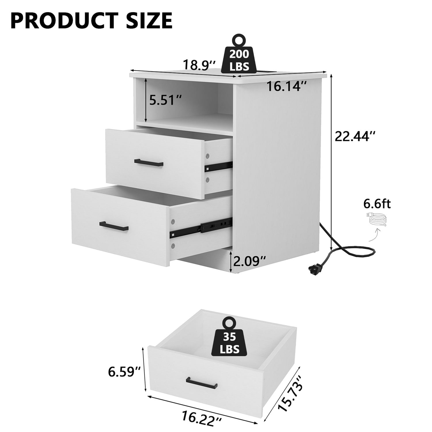 Hommoo Modern Nightstand with 2 Drawers and Open Shelf, End Side Table Bedside Table with Charging Station, White