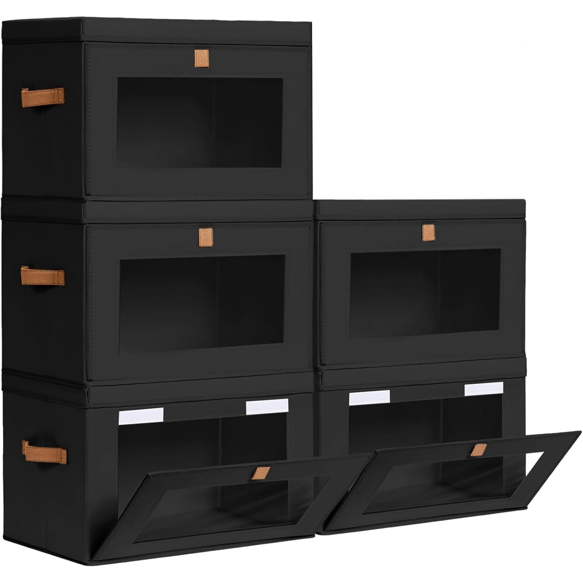 Large Closet Storage Bins - Collapsible Clothes Organizer with Handles & Window Decorative Boxes with Lids Linen Closet Organizers for Living Room Dorm 5 Pack Black