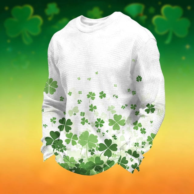 Ceisia Men's Loose Fit Waffle Knit Sweatshirt - St. Patrick's Day Gradient Clover Print Green L Gifts