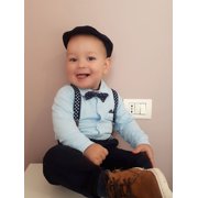 CARETOO Baby Boy Clothes Infant Formal Dress Outfit Set Romper Shirt Bowtie Beret Suspender Pants 0-24M 4Pcs Church Wedding Baptism Suit Cotton Fabric
