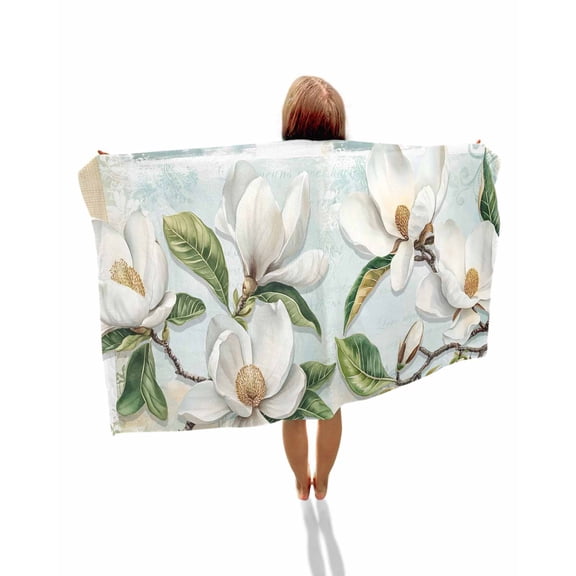 White Floral Beach Towels Oversized Super Absorbent, Pastoral Farmhouse Magnolia Flowers Leaves Lightweight Bath Towel Quick Dry Sets For Bathroom/Pool/Rv Camping/Beach Play/Gym Room/Picnic 30"x60"