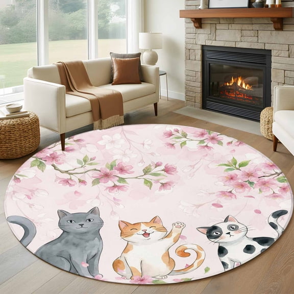 Cherry Blossom Cats Round Area Rug 7Ft Washable Circle Rugs for Dorm Laundry Room, Pink Spring Modern Farmhouse Floral Non-Slip Carpet Floor Mats Indoor Outdoor Carpet Runner Aesthetic Home Decor