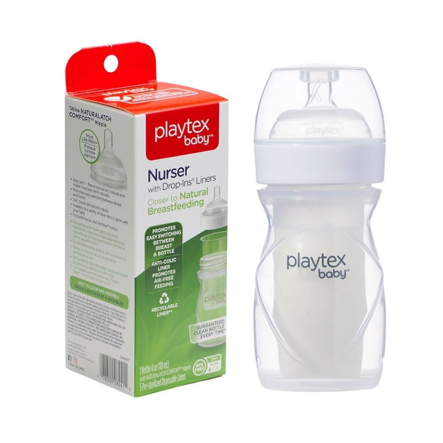 Playtex Baby® Anti-Colic, Reduce Gas, Air Free Nurser Bottle with 5 Pre-Sterilized Disposable Drop-Ins Liners, Closer to Breastfeeding, 4oz bottle with clear plastic body, white cap, and soft silicone nipple, shown next to its red and green packaging highlighting natural latch comfort, anti-colic air-free feeding, and recyclable liners for easy cleaning.