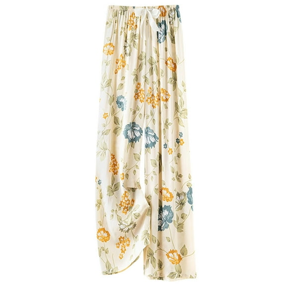 Alkepwun Pajama Pants Women Comfy Soft Casual Floral Print Drawstring Palazzo Lounge Pj Pants Cotton Wide Leg Pajama Bottoms Sleepwear