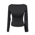 thumbnail image 3 of Xyxonk Crop Tops Fro Women Stretchy Ribbed Long Sleeve Tops Slim Fit Boat Neck Double Lined Trendy T Shirt Tops Black XS, 3 of 4